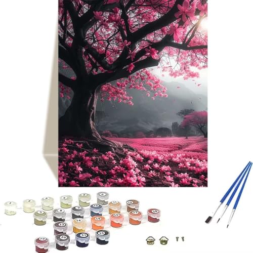 Malen nach Zahlen Komplett Set, Malen Nach Zahlen Kinder Acrylfarben, Pinseln, Zubehör, Geschenkbox - Landschaft DIY Gemälde Bastelset Kit mit Leinwand für Erwachsene, 70 x 95 cm, KirschblüTen 8-8 von LUOLYYEI