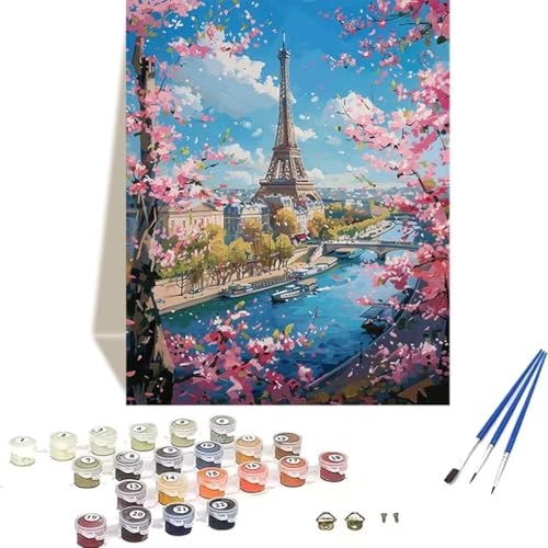 Malen nach Zahlen für Erwachsene: Beginner to Advanced Number Painting Kit Malen Nach Zahlen Kinder – Eiffelturm DIY Kunst and Crafts – Kits enthalten Acrylfarbe – KirschblüTen 40 x 50 cm 0-R von LUOLYYEI