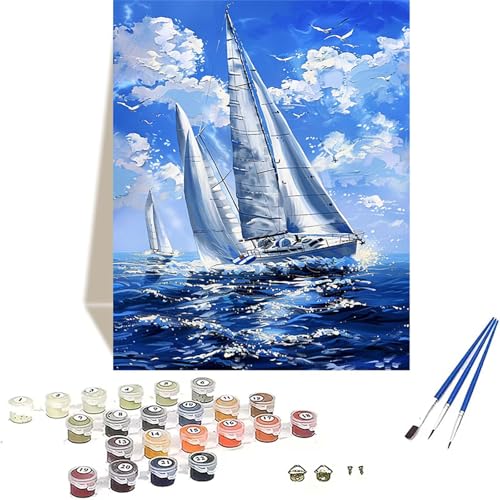 Meer Malen Nach Zahlen Erwachsene, Segelboot Malen Nach Zahlen kinder Leinwand mit Pinseln und Acrylfarbe, DIY Paint by Numbers Adult und Anfänger, für Home Decor, Geschenk - Ohne Rahmen 40x50 cm N-H von LUOLYYEI