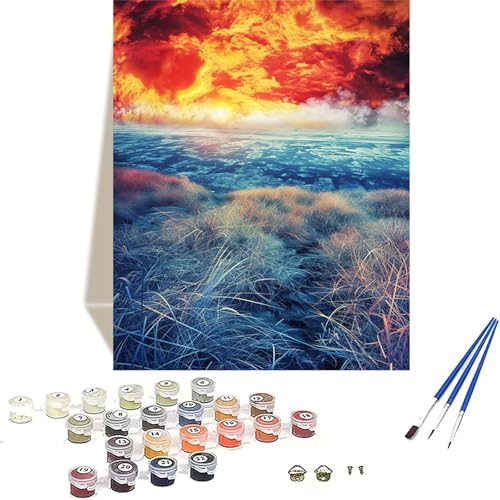 Meer Malen Nach Zahlen Erwachsene, Sonnenuntergang Malen Nach Zahlen kinder Leinwand mit Pinseln und Acrylfarbe, DIY Paint by Numbers Adult und Anfänger, für Home Decor, Geschenk - 20 x 30 cm 2-L von LUOLYYEI