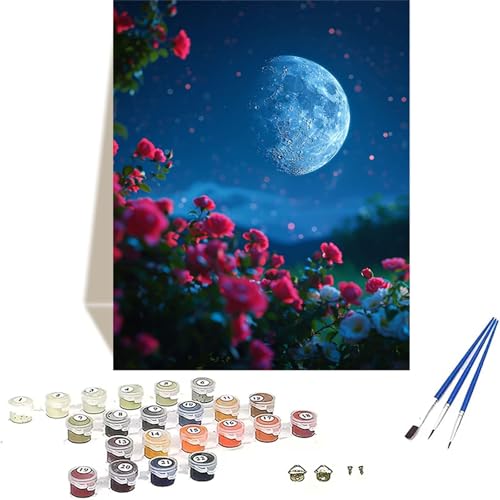 Mond Malen Nach Zahlen Erwachsene, Rose Malen Nach Zahlen kinder Leinwand mit Pinseln und Acrylfarbe, DIY Paint by Numbers Adult und Anfänger, für Home Decor, Geschenk - Ohne Rahmen 60 x 80 cm 3-9 von LUOLYYEI