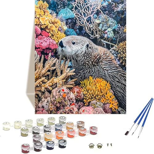 Otter Malen Nach Zahlen Erwachsene, Koralle Malen Nach Zahlen kinder Leinwand mit Pinseln und Acrylfarbe, DIY Paint by Numbers Adult und Anfänger, für Home Decor, Geschenk - Ohne Rahmen 40x50 cm 0-7 von LUOLYYEI