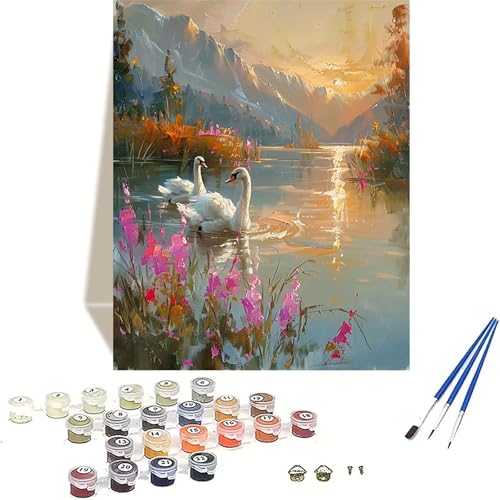 Schwan Malen Nach Zahlen Erwachsene, Sonnenuntergang Malen Nach Zahlen kinder Leinwand mit Pinseln und Acrylfarbe, DIY Paint by Numbers Adult und Anfänger, für Home Decor, Geschenk - 30x40CM O-K von LUOLYYEI