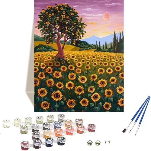 Sonnenblume Malen Nach Zahlen Erwachsene, Landschaft Malen Nach Zahlen kinder Leinwand mit Pinseln und Acrylfarbe, DIY Paint by Numbers Adult und Anfänger, für Home Decor, Geschenk - 30 x 40 cm F-R von LUOLYYEI