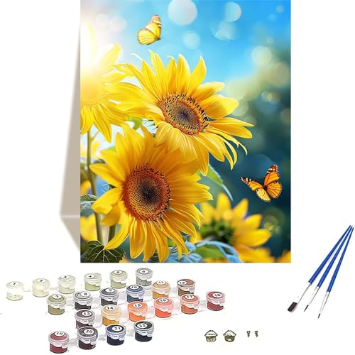 Sonnenblume Malen Nach Zahlen Erwachsene, Schmetterling Malen Nach Zahlen kinder Leinwand mit Pinseln und Acrylfarbe, DIY Paint by Numbers Adult und Anfänger, für Home Decor, Geschenk - 50x65 cm I-1 von LUOLYYEI