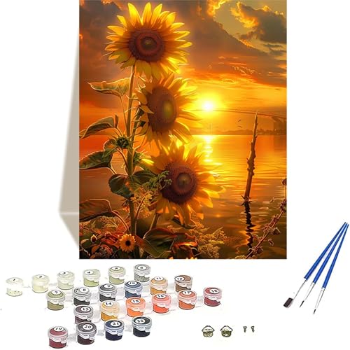 Sonnenblume Malen Nach Zahlen Erwachsene, Sonnenuntergang Malen Nach Zahlen kinder Leinwand mit Pinseln und Acrylfarbe, DIY Paint by Numbers Adult und Anfänger, für Home Decor, Geschenk - 50x65 cm 6-8 von LUOLYYEI