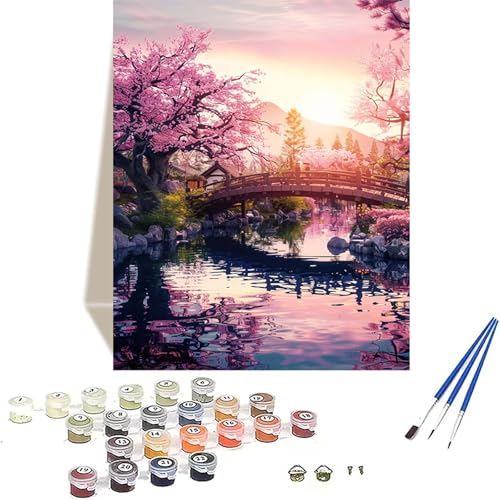 Sonnenuntergang Malen Nach Zahlen Erwachsene, Kirschblüten Malen Nach Zahlen kinder Leinwand mit Pinseln und Acrylfarbe, DIY Paint by Numbers Adult und Anfänger, für Home Decor, Geschenk - 30x40CM 0-L von LUOLYYEI