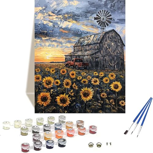 Sonnenuntergang Malen Nach Zahlen Erwachsene, Sonnenblume Malen Nach Zahlen kinder Leinwand mit Pinseln und Acrylfarbe, DIY Paint by Numbers Adult und Anfänger, für Home Decor, Geschenk - 30x40CM 1-8 von LUOLYYEI