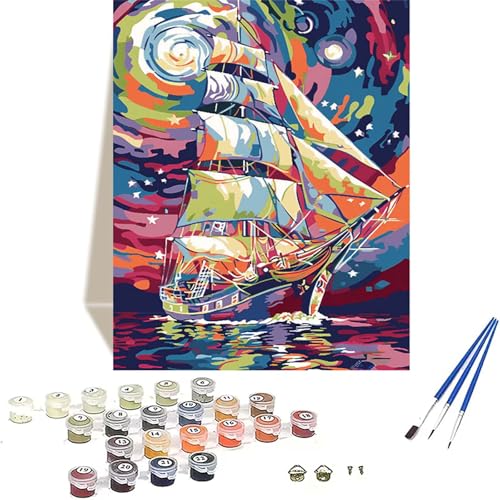 Sternenhimmel Malen Nach Zahlen Erwachsene, Segelboot Malen Nach Zahlen kinder Leinwand mit Pinseln und Acrylfarbe, DIY Paint by Numbers Adult und Anfänger, für Home Decor, Geschenk - 40x50 cm I-3 von LUOLYYEI