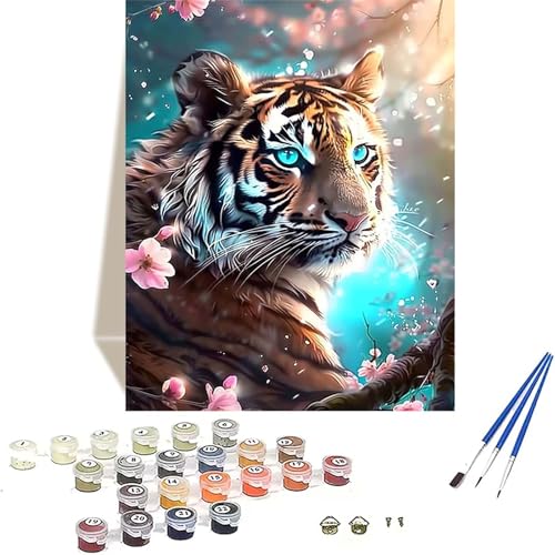 Tiger Malen Nach Zahlen Erwachsene, Kirschblüten Malen Nach Zahlen kinder Leinwand mit Pinseln und Acrylfarbe, DIY Paint by Numbers Adult und Anfänger, für Home Decor, Geschenk - 20x30 cm B-C von LUOLYYEI