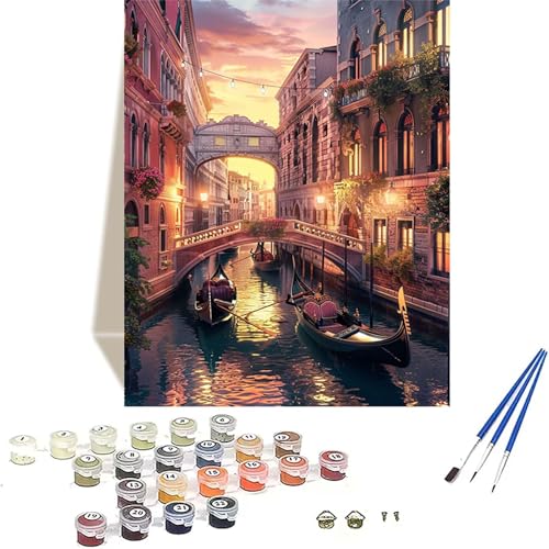 Venedig Malen Nach Zahlen Erwachsene, Landschaft Malen Nach Zahlen kinder Leinwand mit Pinseln und Acrylfarbe, DIY Paint by Numbers Adult und Anfänger, für Home Decor, Geschenk - 40x50 cm 4-F von LUOLYYEI