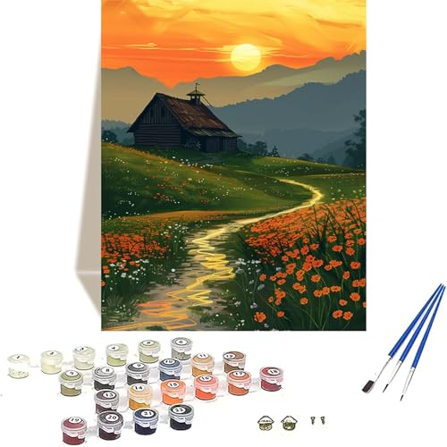 Wiese Malen Nach Zahlen Erwachsene, Sonnenuntergang Malen Nach Zahlen kinder Leinwand mit Pinseln und Acrylfarbe, DIY Paint by Numbers Adult und Anfänger, für Home Decor, Geschenk - 50x65 cm 7-2 von LUOLYYEI