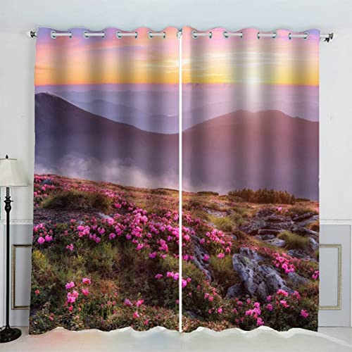 LUORU 3D Rhododendron Vorhänge Abdunkelnd mit ösen 200x200 cm Polyester Scheibengardinen Berge Landschaft Rosa Gardinen Blickdicht 2er Set Schallschutz Vorhang für Kinderzimmer Wohnzimmer Schlafzimmer von LUORU