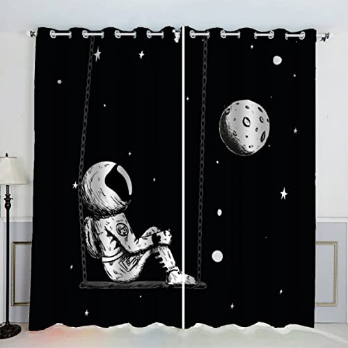 LUORU 3D Universum Planet Vorhänge Abdunkelnd mit ösen 140x160 cm Polyester Scheibengardinen Astronaut Gardinen Blickdicht 2er Set Schallschutz Vorhang für Kinderzimmer Wohnzimmer Schlafzimmer von LUORU