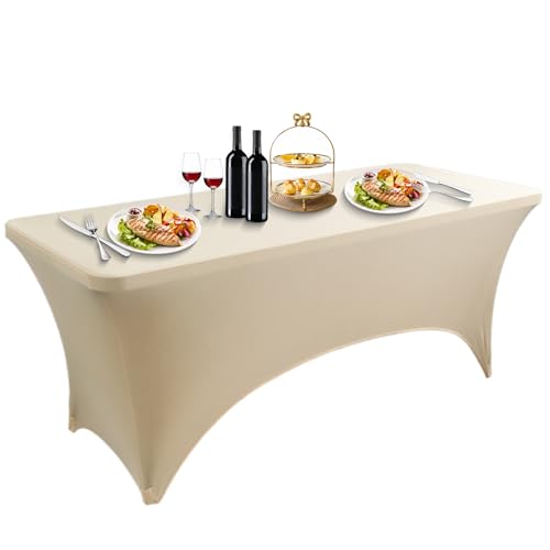 LUOZIQINX 1PCS Rechteckige Tischdecke, Stretch Spandex Tischhussen Eng Anliegende, Waschbare Biertischhussen für Bankett, Hochzeit, Veranstaltung, Cocktail,Beige,4FT von LUOZIQINX