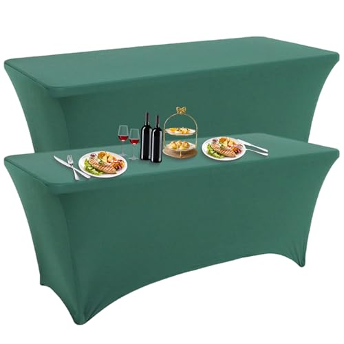 LUOZIQINX 2PCS Rechteckige Tischdecke, Stretch Spandex Tischtuch, Waschbare Eng Anliegende Tischhussen für Veranstaltungen, Hochzeiten, Bankette und Partys,Dark Green,4FT von LUOZIQINX