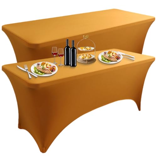 LUOZIQINX 2PCS Rechteckige Tischdecke, Stretch Spandex Tischtuch, Waschbare Eng Anliegende Tischhussen für Veranstaltungen, Hochzeiten, Bankette und Partys,Gold,5FT von LUOZIQINX