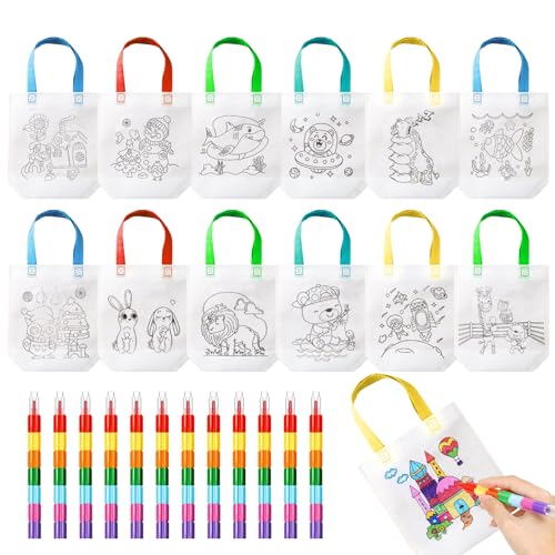 LURICO 12 Stück Stoffbeutel zum Bemalen für Kinder, DIY Graffiti Taschen Kinder Stoffbeutel, Doppelseitiges Muster, 12x 7 Farben in 1 Stapelbare Wachsmalstifte, Ideal für Geschenke von LURICO