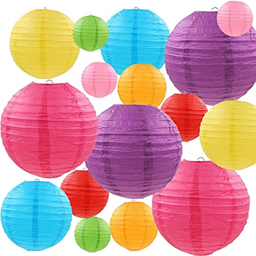 LURICO 16 PCS Bunte Papier Laternen, Dekorative Lampenschirme, Runde Bunte Papierlampions Event Dekoration für Party, Hochzeit, Garten für Innen Außenbereich 4 Größen (10", 8", 6", 4") von LURICO