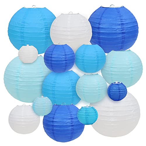 LURICO 16 PCS Papier Laternen Blau und Weiß, Dekorative Lampenschirme, Runde Blau und Weiß Papierlampions Event Dekoration für Party, Hochzeit, Garten für Innen Außenbereich (10, 15, 20, 25) cm von LURICO