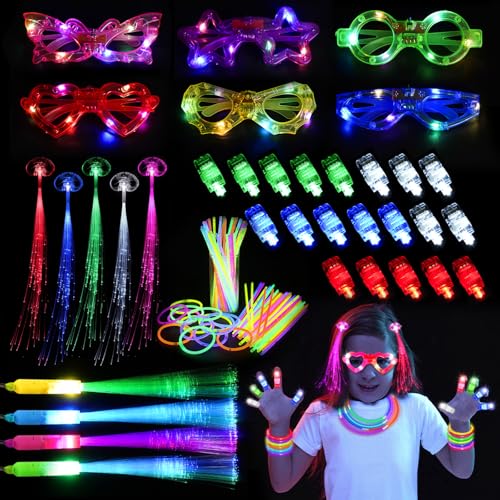 LURICO 85 Stück Knicklichter Party Set, Partyzubehör für Kinder mit 50 Glow Sticks,4 Leuchtstab Glasfaser,6 LED Partybrille und 5 Haarlicht,20 Fingerlampe für Glow Party, Halloween und Geburtstag von LURICO