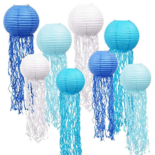 LURICO Quallenlaterne Papier Laterne 8 Stück Papierlaterne Laterne Deko Ozean Thema Party Lieferungen, Laterne Deko für Kinder Thema Party Taufe Geburtstag Zimmerdeko (Blau Weiß) von LURICO