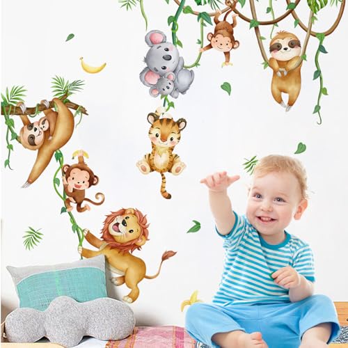 LURNODY Wandtattoo Dschungel Tiere, Reben Wandaufkleber Löwe Affen Koala Tiere Tiger Wandsticker, Kinderzimmer Tierische Wandaufkleber, Geeignet für Kinderzimmer, Babyzimmer Wohnzimmer Wanddeko von LURNODY