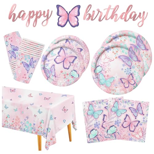 Schmetterling Partygeschirr 52 Stück Schmetterlinge Pappteller Geburtstag Set für Mädchen Kindergeburtstag Jubiläum Picknick-7''/9''Pappteller, Servietten, Pappbecher, Banner, Tischdecke von LUSAPYT