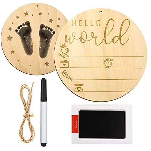 Baby Announcement Sign, 15 cm Doppelseitig aus Holz Rund Meilenstein Karten für Baby Holz Hello World-Neugeborenenschild mit Stempelkissen für Hand- und Fußabdrücke des Babys für Krankenhaus von LUTER