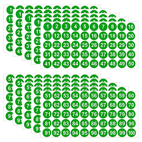 LUTER 10 Blatt Zahlen-Aufkleber, 5 Packungen mit 1-100 Zahlenaufkleber, Vinyl, wasserdicht, Sortieren, Organisieren, Boxen, Aufbewahrung, Schließfächer, Büro, Schule (Grün, 2,54 cm) von LUTER