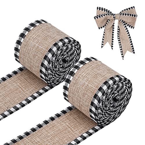 LUTER 2 Rollen 5.5m Kariertes Sackleinen Kante Band, zum Basteln Plaid Sackleinen Band Verdrahtet Plaid Bänder Weihnachts Dekoration für DIY Basteln Landhausstil Bow-Knot (Schwarz und weiß) von LUTER