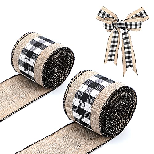 LUTER 2 Rollen, 6 m, kariertes Band aus Jute, für Handwerk, Kabelbänder, Weihnachtsdekoration, für Bastelarbeiten, Landhausstil, Schmetterlings-Knoten (schwarz und weiß) von LUTER