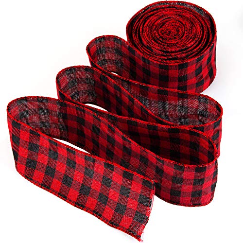 LUTER Rotes und Schwarzes Kariertes Sackleinenband mit Draht Buffalo Plaid Ribbon Weihnachtsband Geschenkband für Weihnachten Basteln Dekoration Blumenschleifen, 236 mal 2,5 Zoll von LUTER