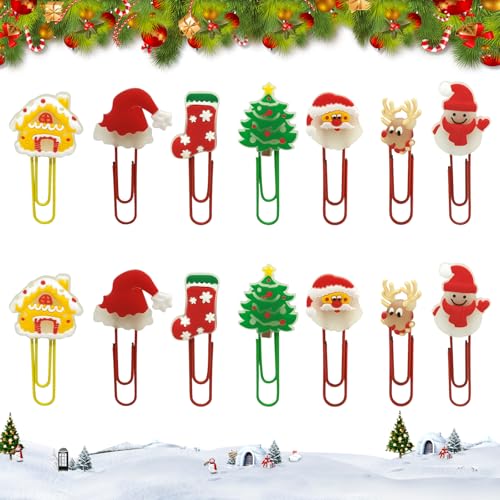 14 Stück Weihnachten Cartoon Büroklammer Bunte Lesezeichen Mini Papierklammern Cartoon Luminöser Metall Büroklammern für Bücher Dateien Seiten Fotos Büro Schule Schreibwaren Lesezeichen Paperclips von LUVDECO