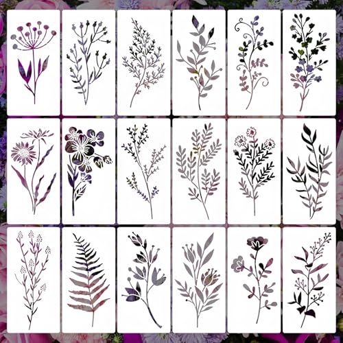 18 Stück DIY Malerei Schablonen Wiederverwendbare Wildblumen Schablonen Blume Crafts Malschablonen Zeichnung Vorlage Set für Scrapbooking, Holz, Leinwand, Papier, Stoff, Wand, Möbel Heimdekoration von LUVDECO