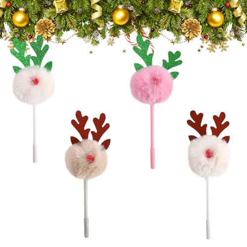 4 Stück Niedlich Gelschreiber Flauschiger Pompom Kugelschreiber Themen Weihnachten Kawaii Gel Stift für Mädchen Studenten Büro Geschenk Rosa Weiß Grau von LUVDECO