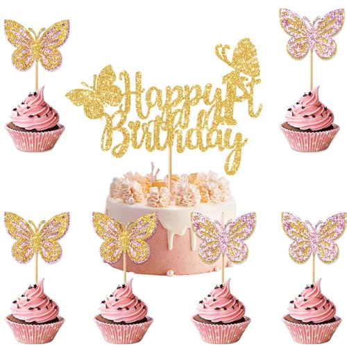 7 Stück Schmetterlinge Torten Deko Happy Birthday Tortendeko Cake Topper 3D Butterfly Schmetterlinge Deko Geburtstagsfeier Dekoration Hochzeitstorte Deko Goldrosa von LUVDECO