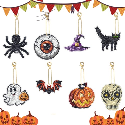 8 Pcs Halloween Diamond Painting Keychain Kit Doppelseitige Halloween Diamond Painting Anhänger Fledermaus Schädel Kürbis Geist 5D Full Drill Diamond Art Painting Schlüsselanhänger für Halloween Dekor von LUVDECO