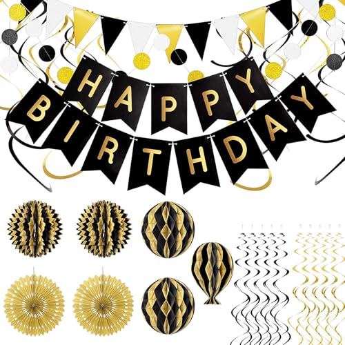 Geburtstag Party Dekorationen Papier Happy Birthday Banner Dekoration Schwarz Gold Honeycomb Geburtstag Wimpelkette für Frauen Männer Mädchen Jungen Geburtstagsdeko Luftballons für Garten Home Party von LUVDECO