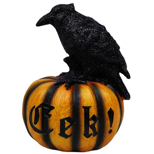 Halloween Kürbis Krähen Ornamente, Harz Krähe Kürbis Figur, Krähe auf Kürbis sitzend Dekorative Statue, Schwarze Krähe Raven auf Kürbis Halloween Dekorationen für Spukhaus Party Dekor Geschenke von LUVDECO