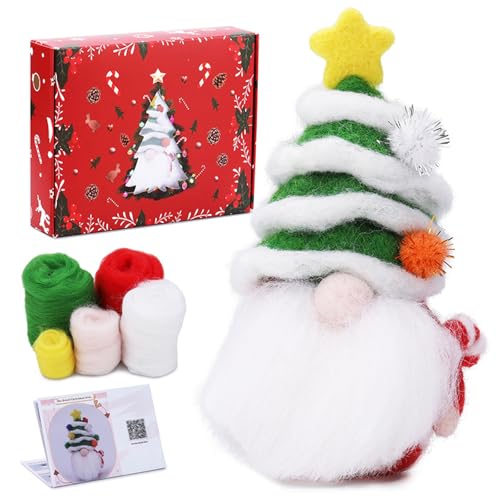 LUVDECO 1 Stück Nadelfilz Craft Kit, Gnome Weihnachtsbaum Nadelfilzwerkzeuge für Anfänger, Inklusive Corriedale Wolle, Nadeln und Anleitung, Bastelgeschenke für Weihnachten von LUVDECO