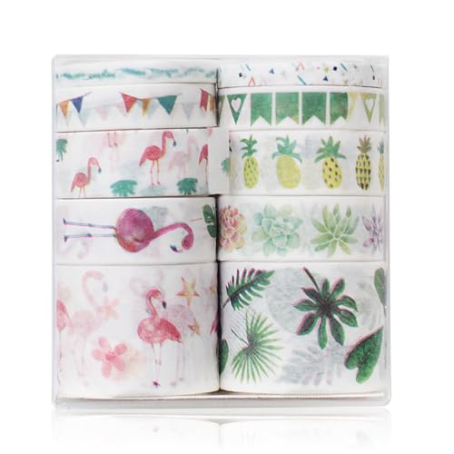 LUVDECO 10 Washi-Klebeband Flamingo Natur Botanisch Scrapbooking Grün Rosa Dünn Breit Dekorativ Maskierung Band Ästhetisch Abziehbild Gemischte Größe Bastelbedarf Journaling Gemälde Karte DIY von LUVDECO