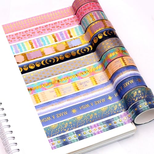 LUVDECO 12 Rolls Washi Tape Set 15 MM Bunt Dekoratives Klebeband Goldfolie Masking Tape für Scrapbooking Bullet Journals DIY Handwerk Planner Verpackung von LUVDECO