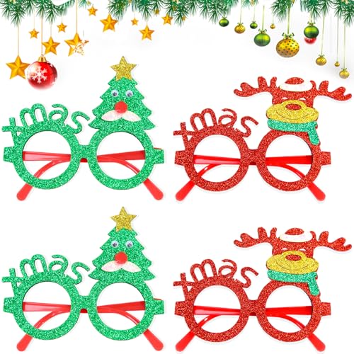 LUVDECO 4 Stück Weihnachtsbrillen Kreative Weihnachten Brillen Partybrillen Weihnachtsdekoration Accessoires Weihnachtsbaum Geweih Brillenrahmen Weihnachten Foto Requisiten Partydekoration von LUVDECO