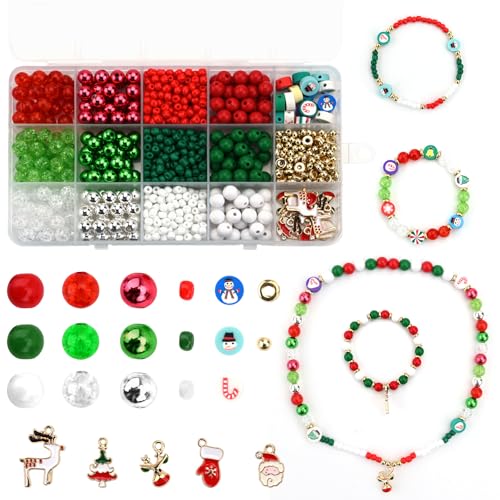 LUVDECO Weihnachtsperlen Charme für Schmuckherstellung, Weihnachten Ton Perlen machen Kit, Rot Grün Weihnachten Clay Perlen für Halskette Armbänder DIY Handwerk für Mädchen Kinder Erwachsene (A) von LUVDECO