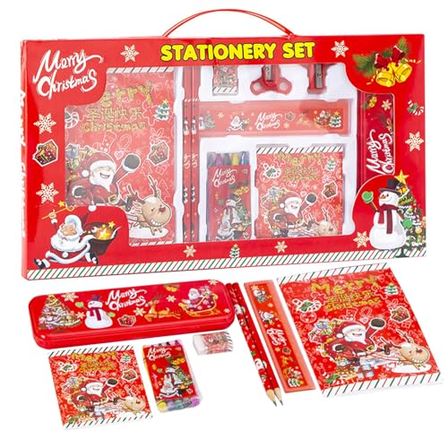 Weihnachten Schreibwaren Set Frohe Weihnachten Schreibwaren Geschenk Set Enthalten 2 Stifte, Mäppchen, Radiergummi, Herrscher, 2 Bleistiftschärfer, 2 Notizbücher, 5 Buntstifte Geschenk für Kinder von LUVDECO