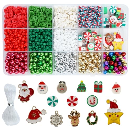 Weihnachtsperlen Charme für Schmuckherstellung, Weihnachten Ton Perlen machen Kit, Rot Grün Weihnachten Clay Perlen für Halskette Armbänder DIY Handwerk für Mädchen Kinder Erwachsene (B) von LUVDECO