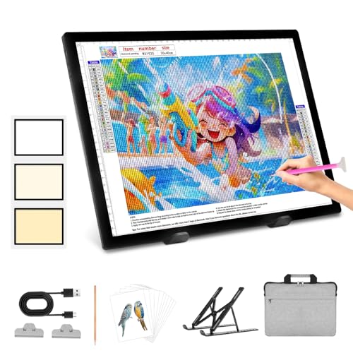 LUXJOYFUL Leuchttisch A3 mit Ständer & Tasche, Diamond Painting Lichtplatte A3 Wiederaufladbarer Lichtkasten Ultra-dünne Leuchtpad für Diamantmalerei/Skizzieren/Vinyl Unkraut/Kalligraphie/Entwurf von LUXJOYFUL