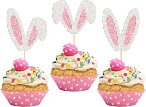 24 Stück Hasenohren Cupcake Topper, Hasenohren Tortendeko Ostern, Glitzer Ostern Kuchen Deko, Muffin Deko, für Ostern Kaninchen Thema Baby Dusche Kinder Geburtstag Party (B) von LUYANFX