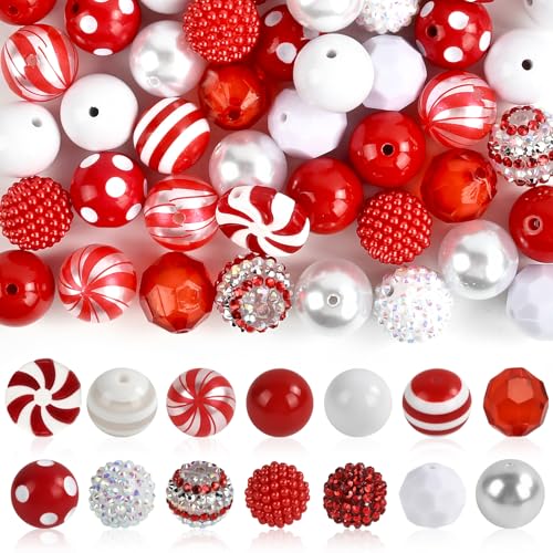 50 Stück Weihnachtsperlen 20 mm, Perlen Weihnachten Set mit Loch, Perlen Basteln Weihnachten, Bubblegum Perlen, Armband Perlen Weihnachten, Acrylperlen für Armband Anhänger DIY (Rot & Grün) von LUYANFX